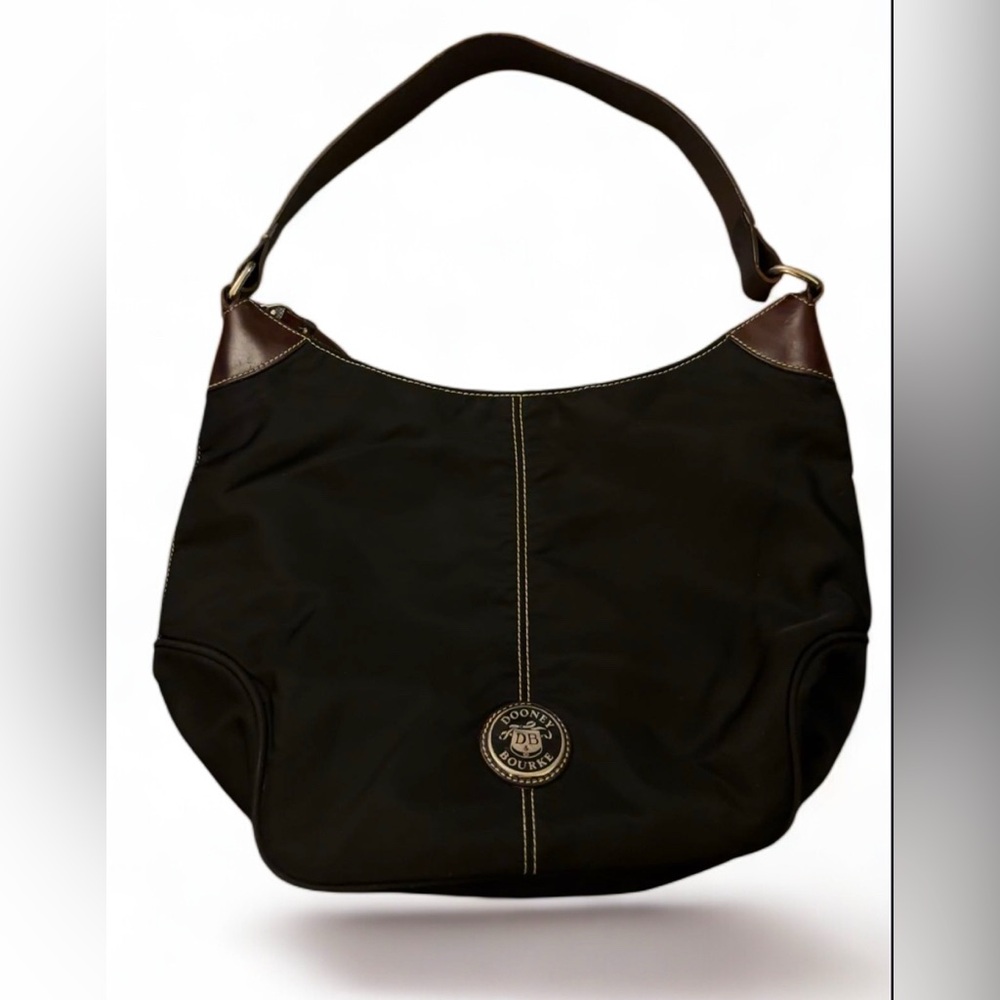Dooney Bourke Vintage Black Nylon Brown Leather Strap Small Hobo WAYFARER